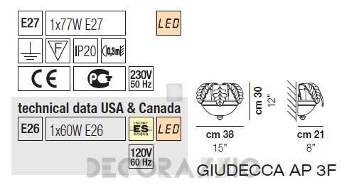 Светильник  настенный накладной (Бра) Vistosi Giudecca Ap - giudecca-ap-3f