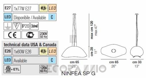 Светильник  потолочный подвесной (Люстра) Vistosi Ninfea - ninfea-sp-g